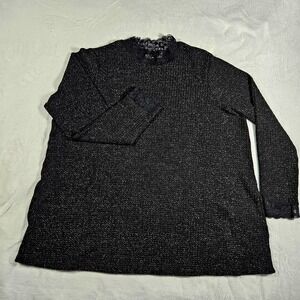 LOGO Lori Goldstein Black Metallic Knit Lace Mock Neck Top Plus 1X Shimmer